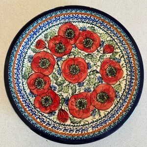 UNIKAT Vintage Polish Pottery Plate Red Garden Flowers Artist Signed Wall Decor